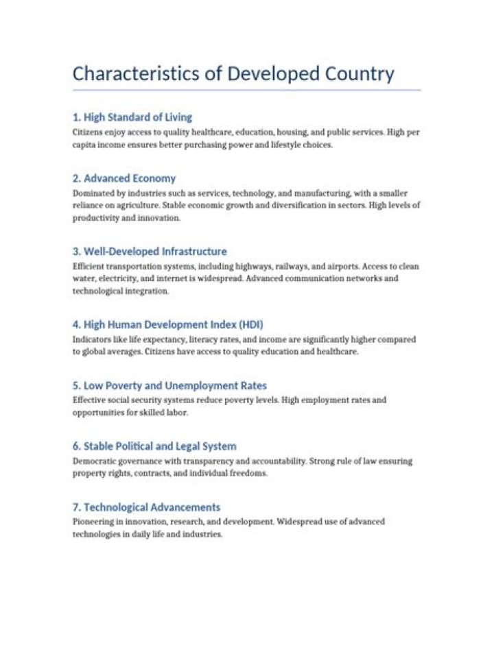 What are 5 characteristics of a developed country?