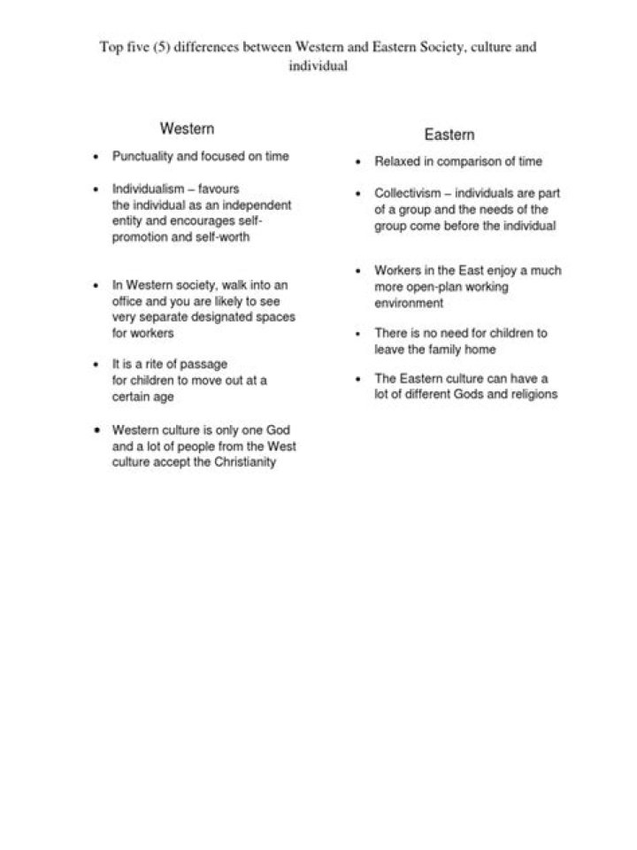 What are the top 5 differences of western and Eastern society culture and individuals?