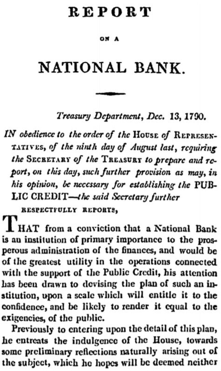 Who was responsible for creating the national bank in 1790?